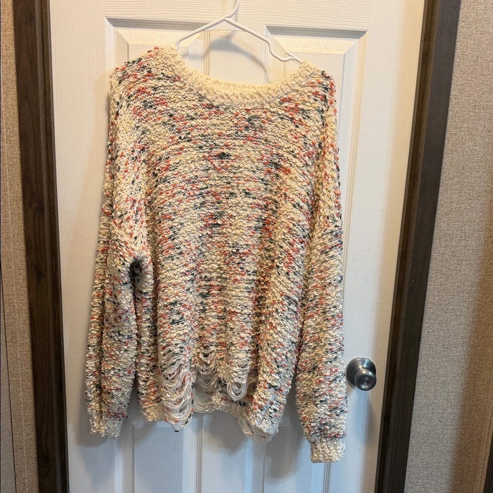 POL Cream Multicolor Distressed Scoop Neck Sweater